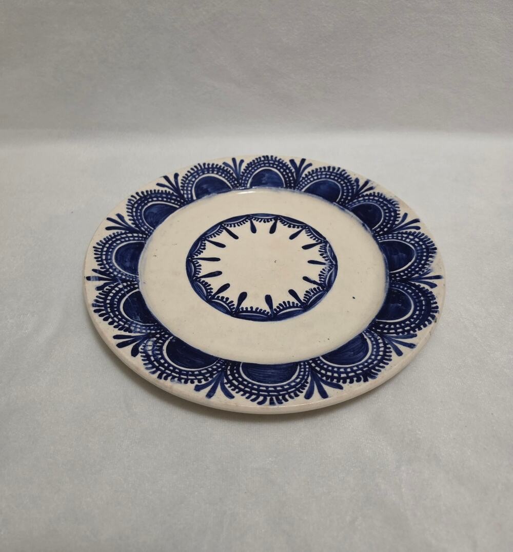 ​Vintage Signed 1964 Hand Painted Blue and White Pottery Decorative Plate- 10.5"